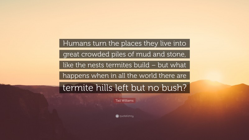 Tad Williams Quote: “Humans turn the places they live into great crowded piles of mud and stone, like the nests termites build – but what happens when in all the world there are termite hills left but no bush?”