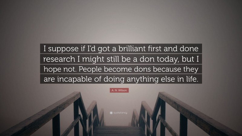 A. N. Wilson Quote: “I suppose if I’d got a brilliant first and done research I might still be a don today, but I hope not. People become dons because they are incapable of doing anything else in life.”