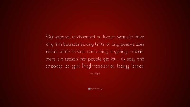 Bob Harper Quote: “Our external environment no longer seems to have any firm boundaries, any limits, or any positive cues about when to stop consuming anything. I mean, there is a reason that people get fat – it’s easy and cheap to get high-calorie, tasty food.”