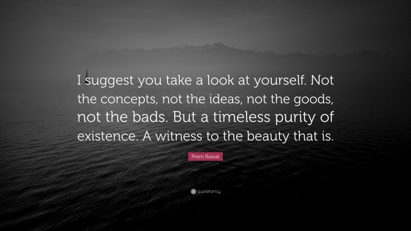 Prem Rawat Quote: “I suggest you take a look at yourself. Not the concepts, not the ideas, not the goods, not the bads. But a timeless purity of existence. A witness to the beauty that is.”