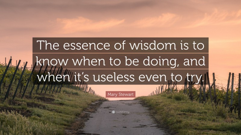 Mary Stewart Quote: “The essence of wisdom is to know when to be doing, and when it’s useless even to try.”