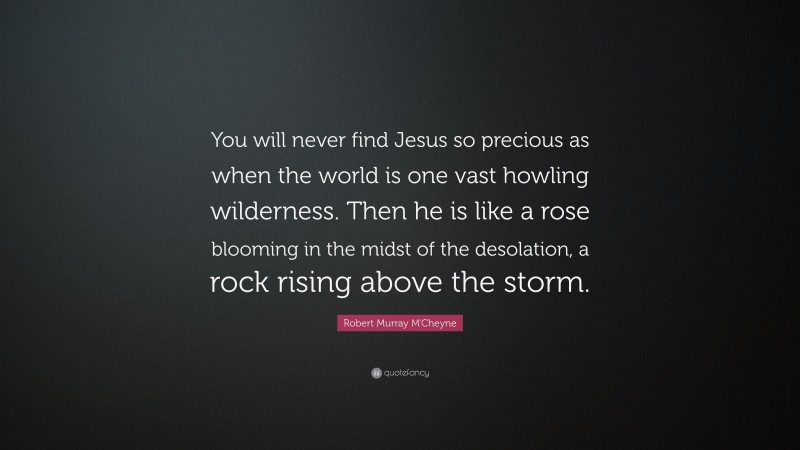 Robert Murray M'Cheyne Quote: “You will never find Jesus so precious as when the world is one vast howling wilderness. Then he is like a rose blooming in the midst of the desolation, a rock rising above the storm.”