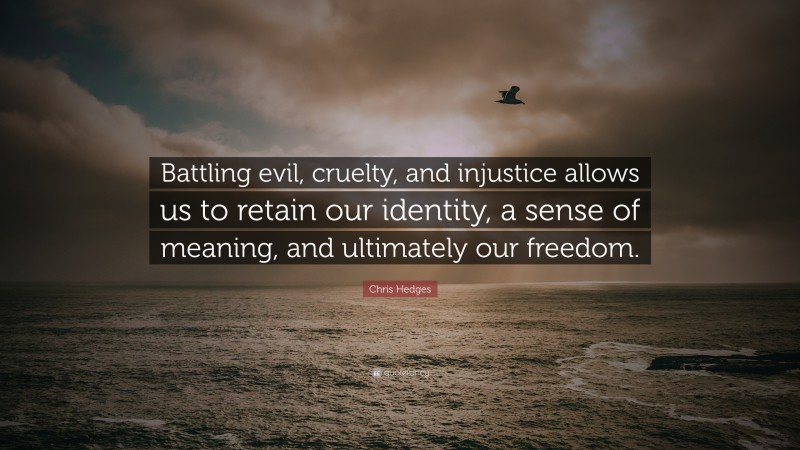 Chris Hedges Quote: “Battling evil, cruelty, and injustice allows us to retain our identity, a sense of meaning, and ultimately our freedom.”