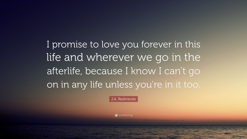 J.A. Redmerski Quote: “I promise to love you forever in this life and wherever we go in the afterlife, because I know I can’t go on in any life unless you’re in it too.”