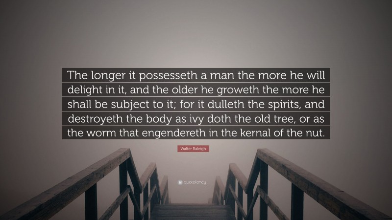 Walter Raleigh Quote: “The longer it possesseth a man the more he will delight in it, and the older he groweth the more he shall be subject to it; for it dulleth the spirits, and destroyeth the body as ivy doth the old tree, or as the worm that engendereth in the kernal of the nut.”