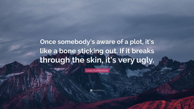 Louis Auchincloss Quote: “Once somebody’s aware of a plot, it’s like a bone sticking out. If it breaks through the skin, it’s very ugly.”