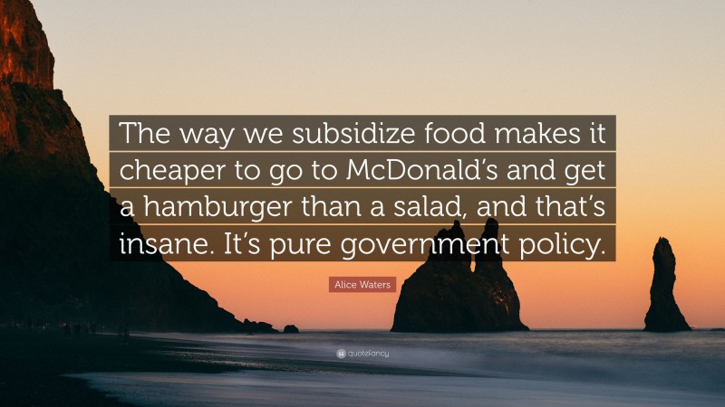 Alice Waters Quote: “The way we subsidize food makes it cheaper to go to McDonald’s and get a hamburger than a salad, and that’s insane. It’s pure government policy.”