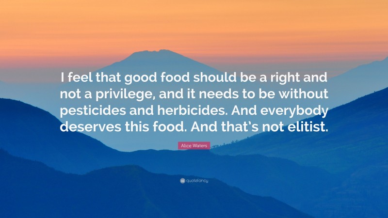 Alice Waters Quote: “I feel that good food should be a right and not a privilege, and it needs to be without pesticides and herbicides. And everybody deserves this food. And that’s not elitist.”