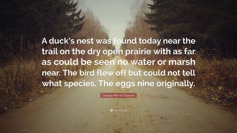 George Mercer Dawson Quote: “A duck’s nest was found today near the trail on the dry open prairie with as far as could be seen no water or marsh near. The bird flew off but could not tell what species. The eggs nine originally.”
