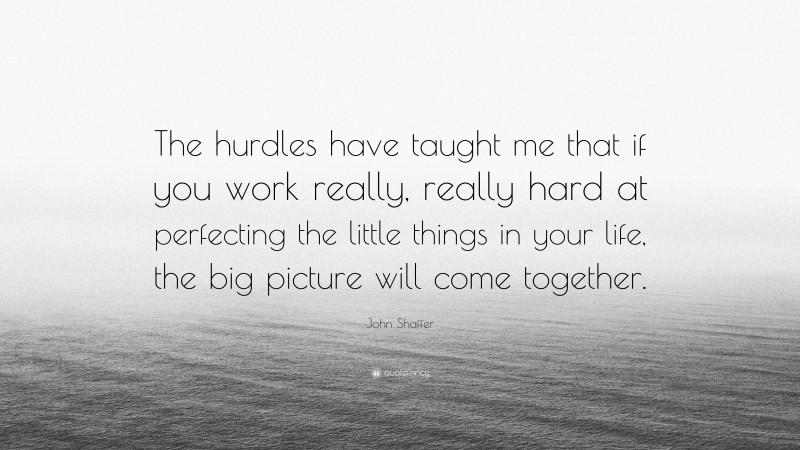 John Shaffer Quote: “The hurdles have taught me that if you work really, really hard at perfecting the little things in your life, the big picture will come together.”