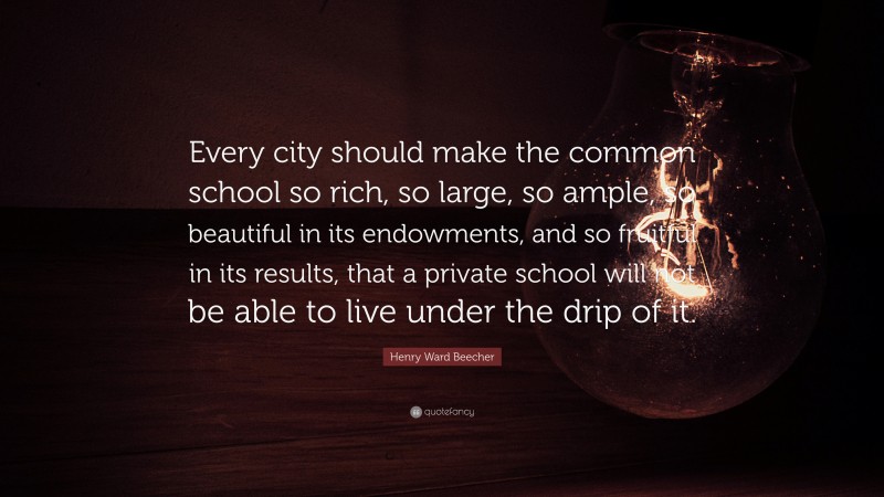 Henry Ward Beecher Quote: “Every city should make the common school so rich, so large, so ample, so beautiful in its endowments, and so fruitful in its results, that a private school will not be able to live under the drip of it.”