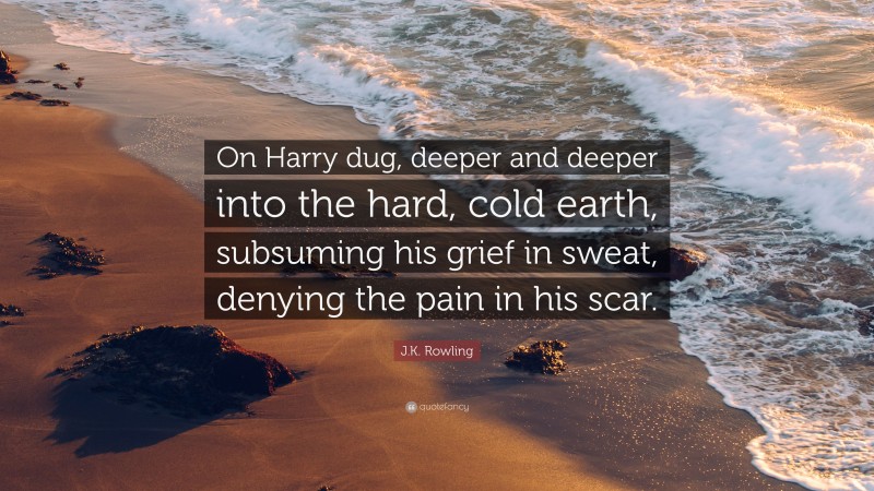 J.K. Rowling Quote: “On Harry dug, deeper and deeper into the hard, cold earth, subsuming his grief in sweat, denying the pain in his scar.”