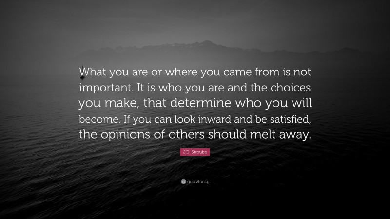 J.D. Stroube Quote: “What you are or where you came from is not important. It is who you are and the choices you make, that determine who you will become. If you can look inward and be satisfied, the opinions of others should melt away.”
