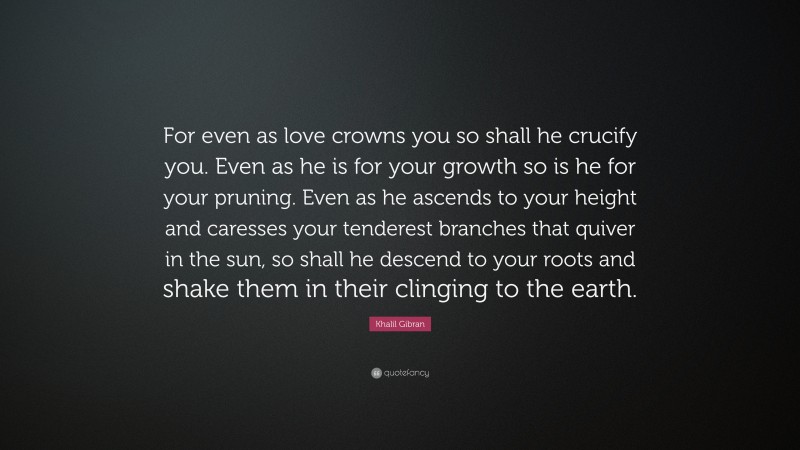 Khalil Gibran Quote: “For even as love crowns you so shall he crucify you. Even as he is for your growth so is he for your pruning. Even as he ascends to your height and caresses your tenderest branches that quiver in the sun, so shall he descend to your roots and shake them in their clinging to the earth.”