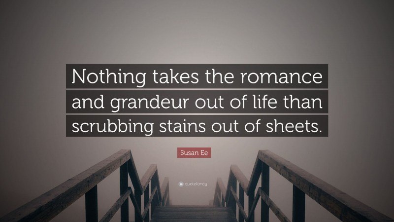 Susan Ee Quote: “Nothing takes the romance and grandeur out of life than scrubbing stains out of sheets.”