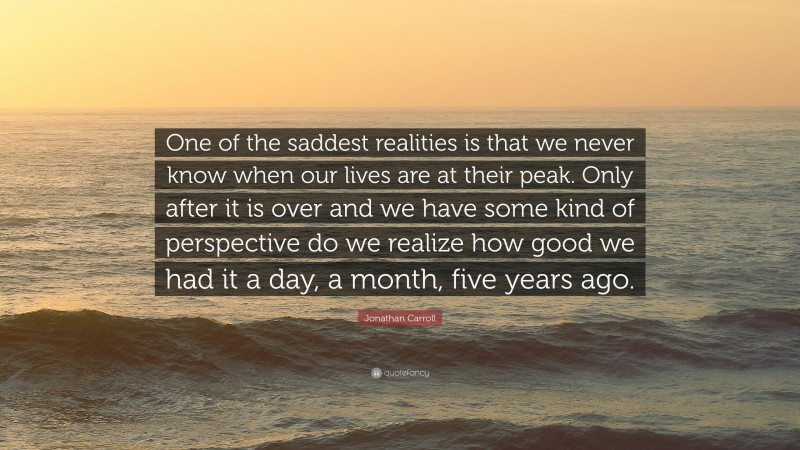 Jonathan Carroll Quote: “One of the saddest realities is that we never know when our lives are at their peak. Only after it is over and we have some kind of perspective do we realize how good we had it a day, a month, five years ago.”