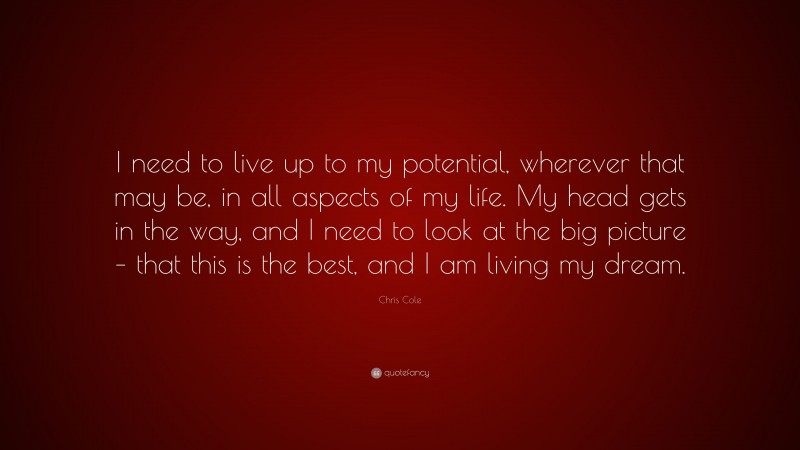 Chris Cole Quote: “I need to live up to my potential, wherever that may be, in all aspects of my life. My head gets in the way, and I need to look at the big picture – that this is the best, and I am living my dream.”