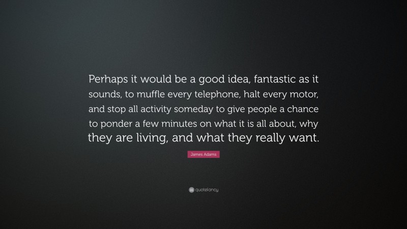 James Adams Quote: “Perhaps it would be a good idea, fantastic as it sounds, to muffle every telephone, halt every motor, and stop all activity someday to give people a chance to ponder a few minutes on what it is all about, why they are living, and what they really want.”