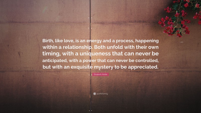 Elizabeth Noble Quote: “Birth, like love, is an energy and a process, happening within a relationship. Both unfold with their own timing, with a uniqueness that can never be anticipated, with a power that can never be controlled, but with an exquisite mystery to be appreciated.”