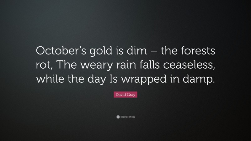 David Gray Quote: “October’s gold is dim – the forests rot, The weary rain falls ceaseless, while the day Is wrapped in damp.”
