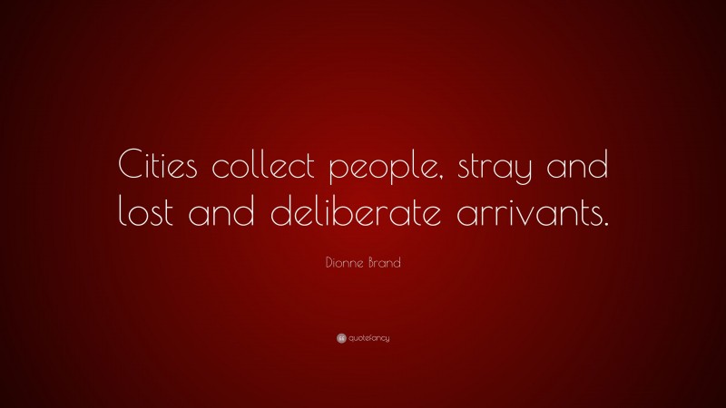 Dionne Brand Quote: “Cities collect people, stray and lost and deliberate arrivants.”