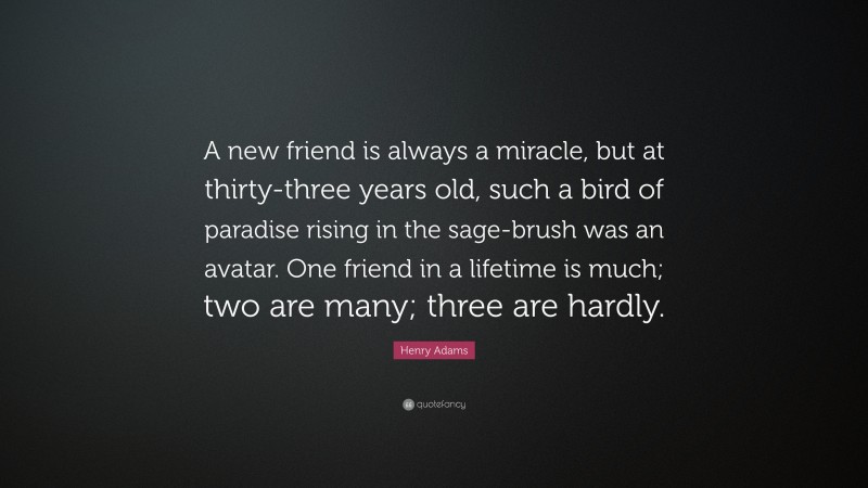 Henry Adams Quote: “A new friend is always a miracle, but at thirty-three years old, such a bird of paradise rising in the sage-brush was an avatar. One friend in a lifetime is much; two are many; three are hardly.”