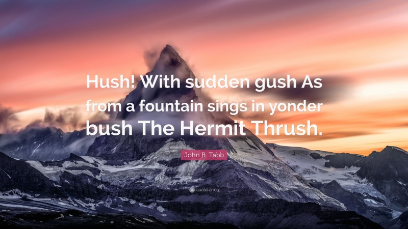 John B. Tabb Quote: “Hush! With sudden gush As from a fountain sings in yonder bush The Hermit Thrush.”