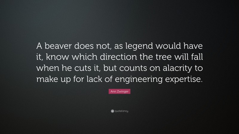 Ann Zwinger Quote: “A beaver does not, as legend would have it, know which direction the tree will fall when he cuts it, but counts on alacrity to make up for lack of engineering expertise.”
