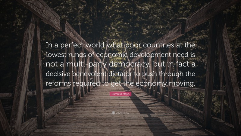 Dambisa Moyo Quote: “In a perfect world what poor countries at the lowest rungs of economic development need is not a multi-party democracy, but in fact a decisive benevolent dictator to push through the reforms required to get the economy moving.”