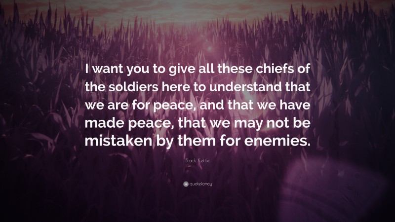 Black Kettle Quote: “I want you to give all these chiefs of the soldiers here to understand that we are for peace, and that we have made peace, that we may not be mistaken by them for enemies.”