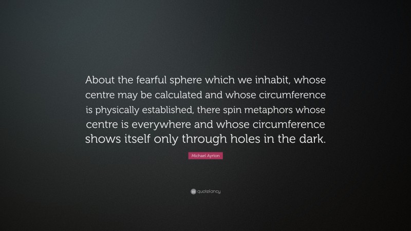 Michael Ayrton Quote: “About the fearful sphere which we inhabit, whose centre may be calculated and whose circumference is physically established, there spin metaphors whose centre is everywhere and whose circumference shows itself only through holes in the dark.”