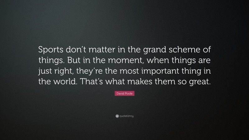 David Poole Quote: “Sports don’t matter in the grand scheme of things. But in the moment, when things are just right, they’re the most important thing in the world. That’s what makes them so great.”