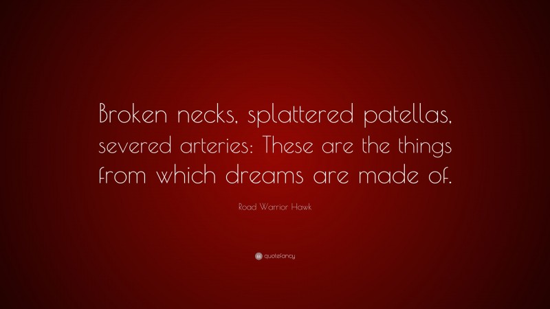 Road Warrior Hawk Quote: “Broken necks, splattered patellas, severed arteries: These are the things from which dreams are made of.”