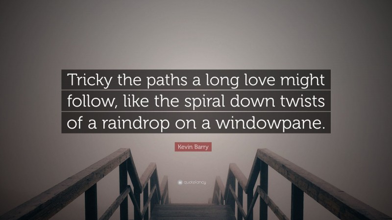 Kevin Barry Quote: “Tricky the paths a long love might follow, like the spiral down twists of a raindrop on a windowpane.”