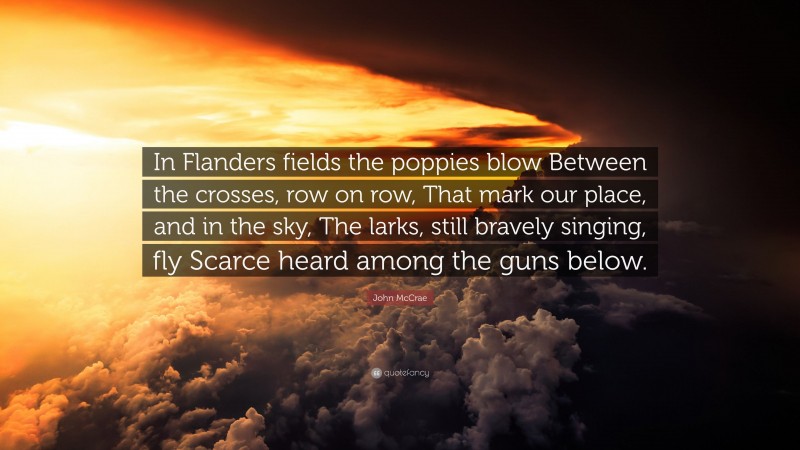 John McCrae Quote: “In Flanders fields the poppies blow Between the crosses, row on row, That mark our place, and in the sky, The larks, still bravely singing, fly Scarce heard among the guns below.”