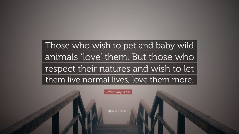 Edwin Way Teale Quote: “Those who wish to pet and baby wild animals ‘love’ them. But those who respect their natures and wish to let them live normal lives, love them more.”