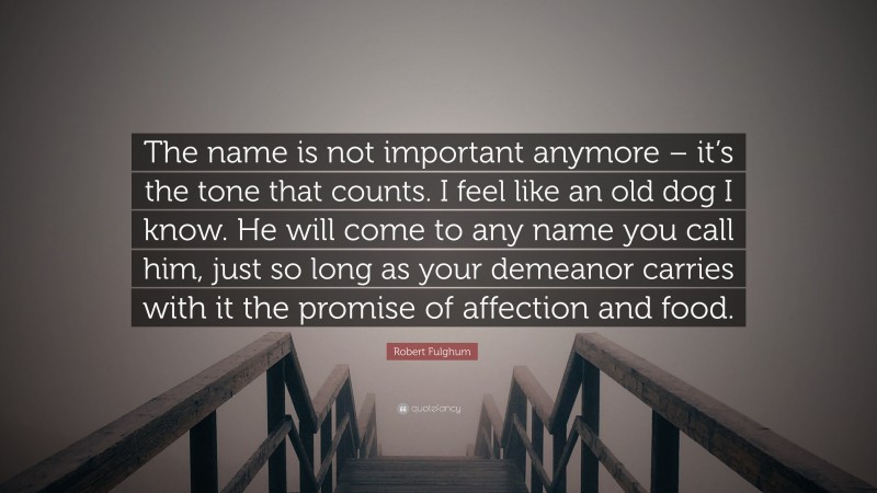 Robert Fulghum Quote: “The name is not important anymore – it’s the tone that counts. I feel like an old dog I know. He will come to any name you call him, just so long as your demeanor carries with it the promise of affection and food.”