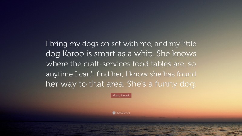 Hilary Swank Quote: “I bring my dogs on set with me, and my little dog Karoo is smart as a whip. She knows where the craft-services food tables are, so anytime I can’t find her, I know she has found her way to that area. She’s a funny dog.”