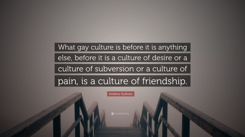 Andrew Sullivan Quote: “What gay culture is before it is anything else, before it is a culture of desire or a culture of subversion or a culture of pain, is a culture of friendship.”