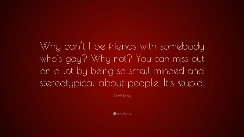 ASAP Rocky Quote: “Why can’t I be friends with somebody who’s gay? Why not? You can miss out on a lot by being so small-minded and stereotypical about people. It’s stupid.”