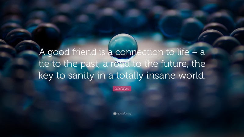 Lois Wyse Quote: “A good friend is a connection to life – a tie to the past, a road to the future, the key to sanity in a totally insane world.”