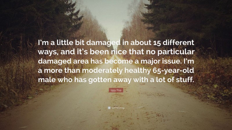 Iggy Pop Quote: “I’m a little bit damaged in about 15 different ways, and it’s been nice that no particular damaged area has become a major issue. I’m a more than moderately healthy 65-year-old male who has gotten away with a lot of stuff.”