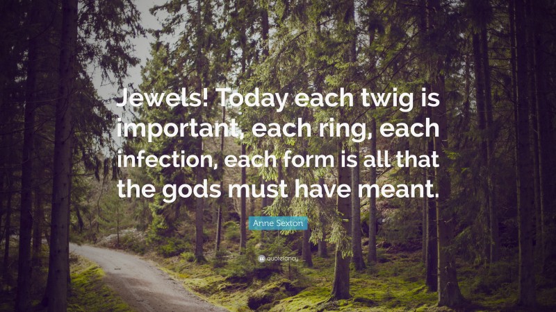 Anne Sexton Quote: “Jewels! Today each twig is important, each ring, each infection, each form is all that the gods must have meant.”