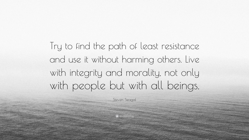 Steven Seagal Quote: “Try to find the path of least resistance and use it without harming others. Live with integrity and morality, not only with people but with all beings.”