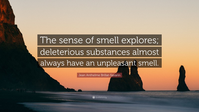 Jean Anthelme Brillat-Savarin Quote: “The sense of smell explores; deleterious substances almost always have an unpleasant smell.”