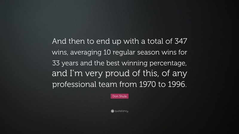 Don Shula Quote: “And then to end up with a total of 347 wins, averaging 10 regular season wins for 33 years and the best winning percentage, and I’m very proud of this, of any professional team from 1970 to 1996.”