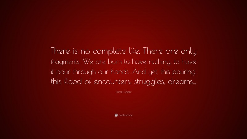James Salter Quote: “There is no complete life. There are only fragments. We are born to have nothing, to have it pour through our hands. And yet, this pouring, this flood of encounters, struggles, dreams...”