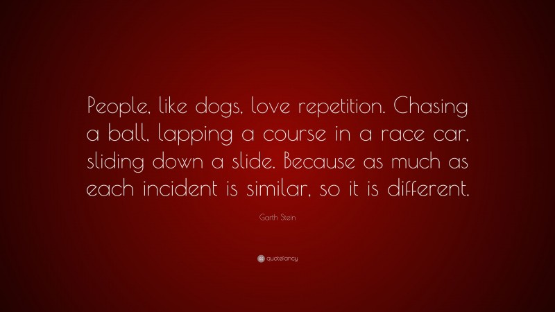 Garth Stein Quote: “People, like dogs, love repetition. Chasing a ball, lapping a course in a race car, sliding down a slide. Because as much as each incident is similar, so it is different.”