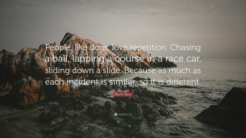 Garth Stein Quote: “People, like dogs, love repetition. Chasing a ball, lapping a course in a race car, sliding down a slide. Because as much as each incident is similar, so it is different.”