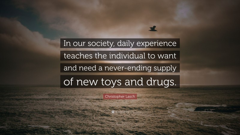 Christopher Lasch Quote: “In our society, daily experience teaches the individual to want and need a never-ending supply of new toys and drugs.”